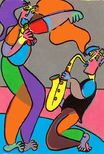 Siebdruck Zusammenspiel der Twan de Vos, Man und Frau spilen Musik und werden vollständig absorbiert, sie singt und er spielt Saxophon