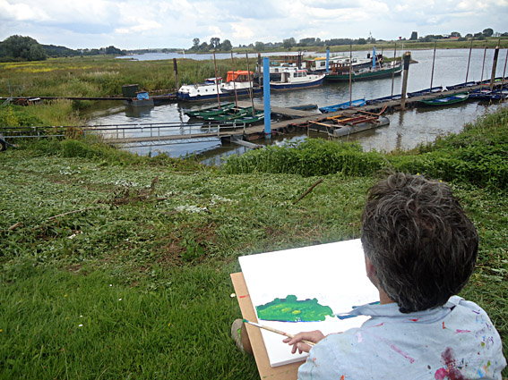 Schilder workshop aan de rijn bij Wageningen, een middag schilderen in de uiterwaarden bij het atelier van kunstenaar Twan de Vos, de bovenste Polder, landschapschilderen, landschap schilderen, abstract, naar de waarneming met acrylverf op doek, Ede, Veenendaal, Arnhem, Betuwe, Bennekom, Oosterbeek, Tiel, Rhenen, Utrecht