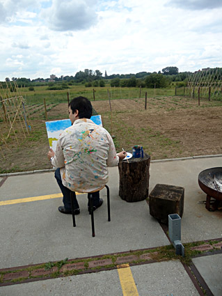 Schilder workshop aan de rijn bij Wageningen, een middag schilderen in de uiterwaarden bij het atelier van kunstenaar Twan de Vos, de bovenste Polder, landschapschilderen, landschap schilderen, abstract, naar de waarneming met acrylverf op doek, Ede, Veenendaal, Arnhem, Betuwe, Bennekom, Oosterbeek, Tiel, Rhenen, Utrecht