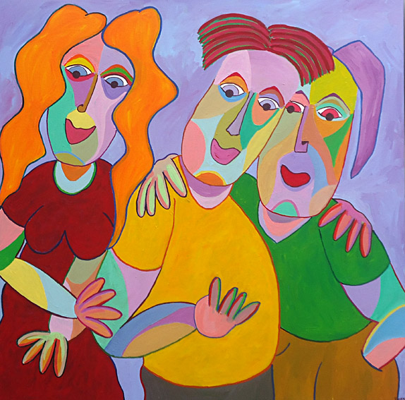 Painting Thick friends by Twan de Vos, woman and two men for years pals