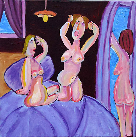 Schilderij Goedemorgen van Twan de Vos, 3 dames die 's morgens wakker worden in de slaapkamer, het licht gat aan , uitrekken en de gordijnen gaan open.