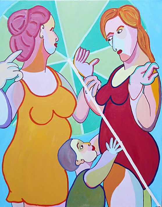 Schilderij Zomerpassie van Twan de Vos, geanimeerd gesprek tussen moeder, vriendin en kind op het strand
