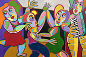 Schilderij Fiesta van Twan de Vos, feest op het dorpsplein, muziek, dans en zang