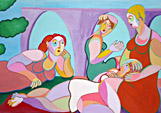 Schilderij Vrouwen onder elkaar van Twan de Vos, 4 vrouwen in gesprek in de natuur