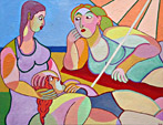 Painting Summer Day by Twan de Vos, 3 women on a beautiful summer day at the beach