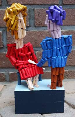 Sculpture Encounter by Twan de Vos, sculpture, ceramic and wood, conversation between husband and wife