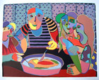 Twan de Vos diner zeefdruk relatiegeschenk kunst familie aan tafel die met zijn allen een pan soep eten, allemaal uit de pan, interpretatie van de aardappeleters van vincent van gogh