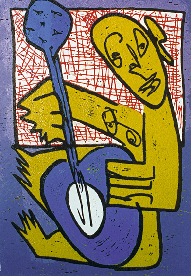 Linocut Soloconcert 2 by Twan de Vos, solo performance for public