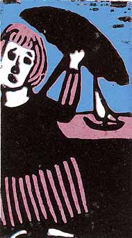 Linocut Beach walk printed according to the Picasso method