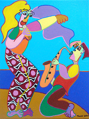 schilderij kunst relatiegeschenk muziek liefde aubade serenade verleiding saxofoon Schilderij Strandduet, man zingt, vrouw speelt trompet, samen een duet op het strand