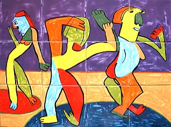 lekker dansen keramiek tegel tableau Ochtendritueel, de ochtengymnastiek even bewegen voor het ontbijt kan in de muur ingemetseld worden, in de keuken of de badkamer van Twan de Vos