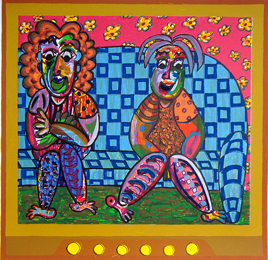 Screenprint Exciting relaxation by Twan de Vos, in front of the TV, it's very exciting