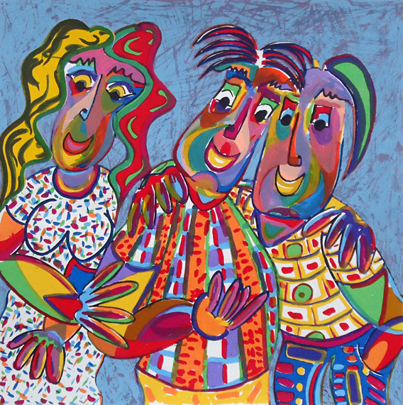 Zeefdruk Vrienden voor het leven van Twan de Vos, vriendschap door dik en dun, kubisme, kleurrijk