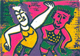 Linocut Weekend, dancing together in the disco