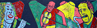 Linocut Jazz von Twan de Vos, drei Musiker in schwüler Atmosphäre, Gesang, Violine und Saxophon