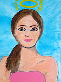 Portret van een vrouw in een roze jurk, gemaakt tijdens workshop portret schilderen