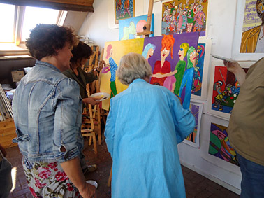 Workshop schilderen gezamenlijk op doek tijdens bedrijfsuitje op het atelier van Twan de Vos in Wageningen, Tilburg