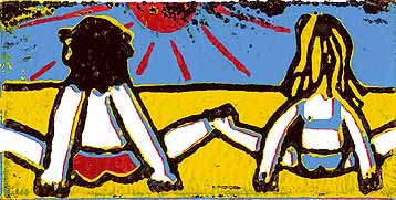 Linocut Sun worshipers of Twan de Vos, relax on the beach