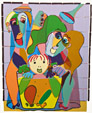 Twan de Vos familiebad zeefdruk kunst familie die op zondagmorgen onder de douche gaat, vader, moeder en kind in de tummy tub